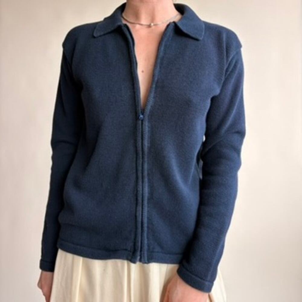 Brooks Brothers Navy Zip Cardigan - 100% Cotton, Polo Collar, Size XS